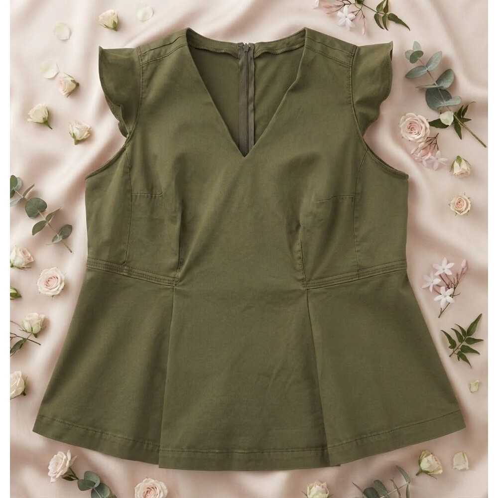 Lane Bryant Olive Green Flutter Sleeve V-Neck Peplum Top Size 20 Cotton Lyocell